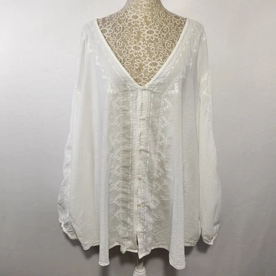 Old Navy Size XXL White Button Up Embroidered Bishop Sleeve Oversized Blouse Top - Image 1 of 4