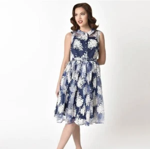 Unique Vintage Blue White Floral Organza Retro Dress 1950s Style Fit Flare Sz S - Picture 1 of 11