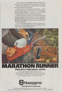 Motosierras Husqvarna Rancher 1984 - "Marathon Runner" - boca dividida - arte publicitario impreso - Imagen 1 de 2