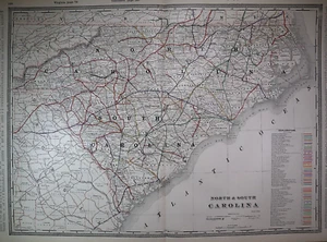 Old 1892 Cram's Atlas Railroad Map ~ NORTH & SOUTH CAROLINA ~ (XLG17x25) -#384 - Picture 1 of 2