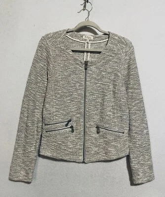 LOFT Lou 灰色夹克女式中号象牙金金属粗花呢拉链波西米亚 — 第 1/4 张图片