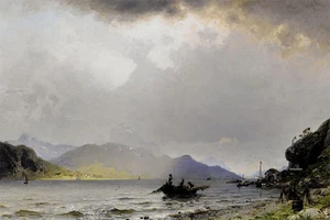Oil painting Georg Anton Rasmussen - return of the fishing fleet seascape canoes - Picture 1 of 1