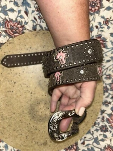 Nocona N4413630 Girls 26 Brown Pink Genuine Leather Studded Western Cowgirl Belt - Picture 1 of 16