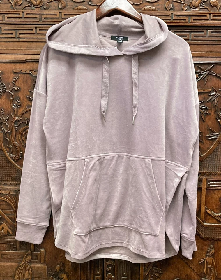 Nueva sudadera con capucha de terciopelo con dobladillo dividido Alfani para mujer, lavanda ligera, grande Foto 1 de 1