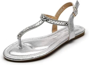 Ashley A (AA-ELAINE02 Sparkly Ankle Strap Flat Sandals for Women, Silver, sz 7 - Picture 1 of 12