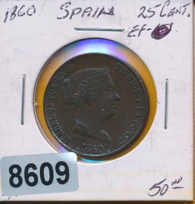SPAIN  - 25 CENTIMOS - 1860 QUEEN - COPPER - XF - #8609 - Image 1 of 2