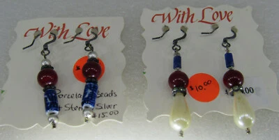 2 pairs of Sterling Silver Dangle Red Blue Pearl Hook Earrings - image 1 of 4