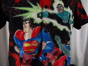 JUSTICE LEAGUE All Over Print Shirt (L 16/18) Superman Batman Flash Boys 2002 - Picture 1 of 6