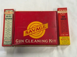 Savage Arms Gun Cleaning Kit Oil Tin Gun Grease Solvent Vintage Winchester Lot - Picture 1 of 16