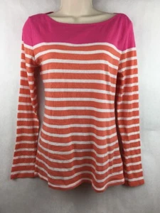 Old Navy Women's Pink Orange & White Stripes Long Sleeve Top Boatneck Size M - Picture 1 of 3