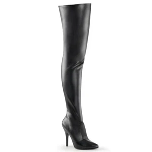 UK 5 Pleaser Seduce 3010 Black Faux Leather 5" Stiletto Heel Thigh High Boots - Picture 1 of 5