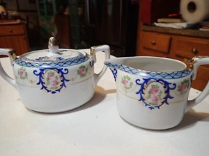 Noritake China - Morimura blue pink gold Sugar Bowl and Creamer - Picture 1 of 10