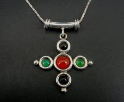 NVC Necklace Silver Multi Color Stone Cross Mexico Sterling 925 Chain Pendant - Image 1 of 4