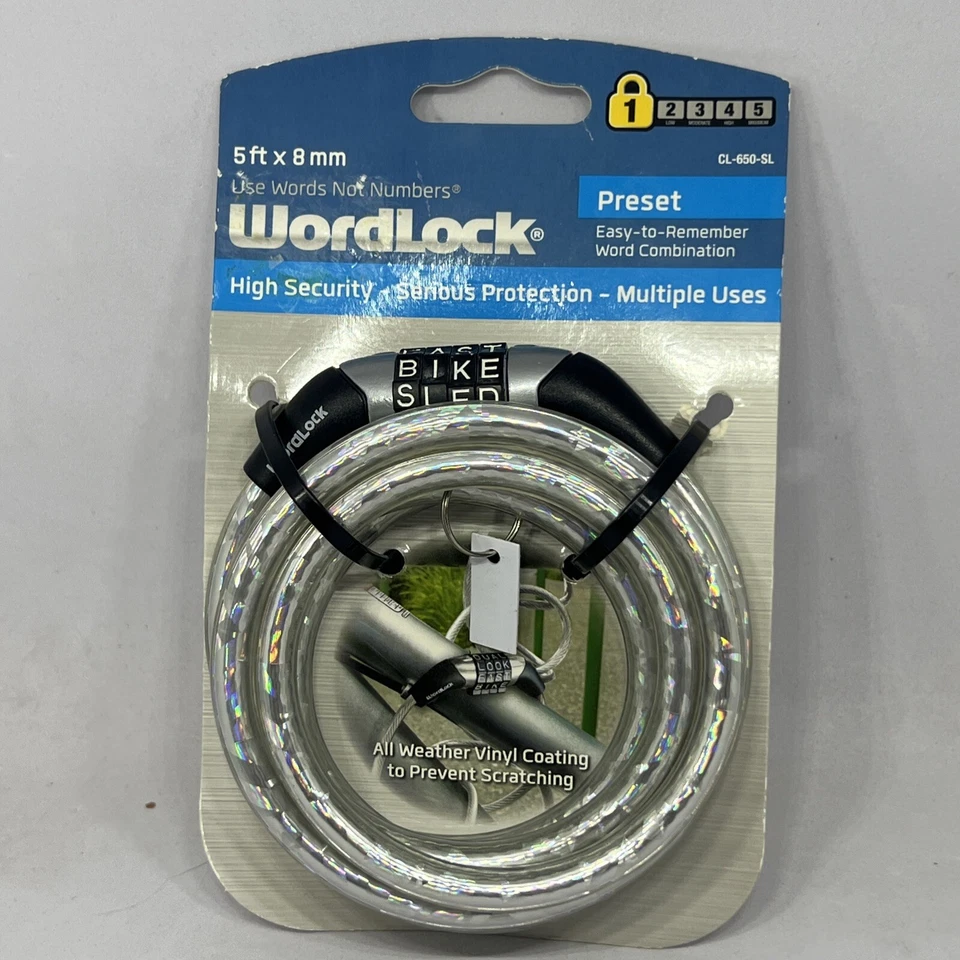 Wordlock Cable Lock Prism Silver Cycling Bike Locks 8mm 5' FT