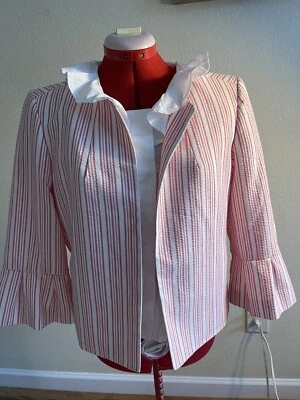 Chaqueta Nine West Mujer 8 Rosa Blanco Rayas Volantes Manga Corta Coral Abierta Foto 1 de 3