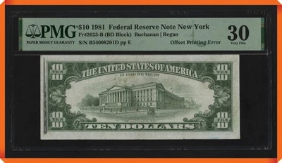KC- "Offset Printing Error" Fr.2025-B 1981 $10 FRN New York , NY - VF 30 by PMG - Image 1 of 3