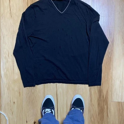 Neiman Marcus Men’S Black V-Neck Pullover 100# Cashmere Sweater Flawed Sz L - Image 1 of 4