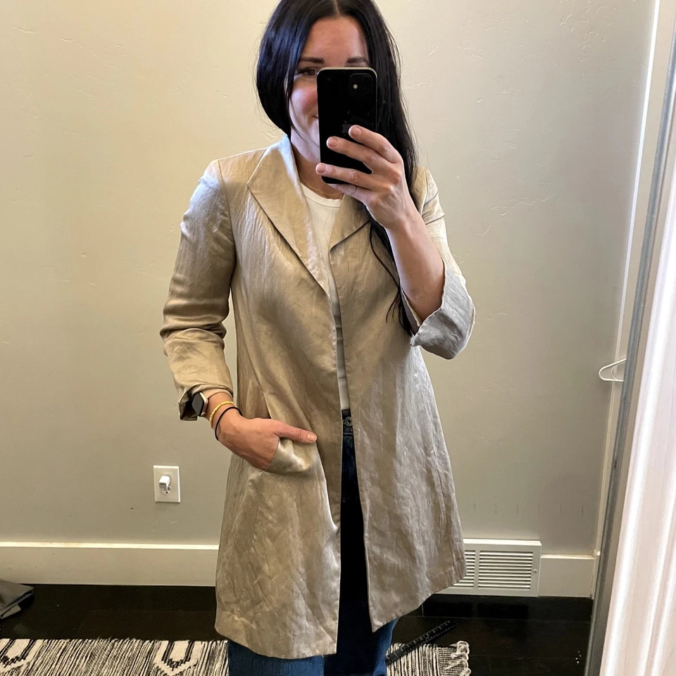 Chaqueta cárdigan Eileen Fisher lino seda frente abierto champán para mujer talla XS Foto 1 de 4