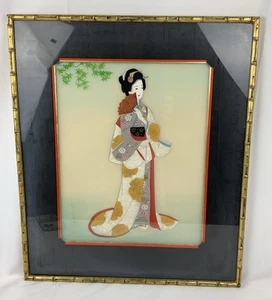 Framed Japanese Geisha Silk Art – Raised Kimono – Bamboo Frame – 23”x19” - Picture 1 of 9
