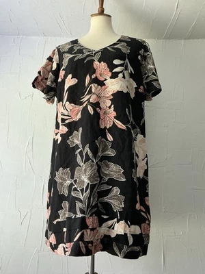 Nicole Miller Women’s Dress XL Black Floral Linen Blend  Boho Shift Pleat Hem - Image 1 of 4