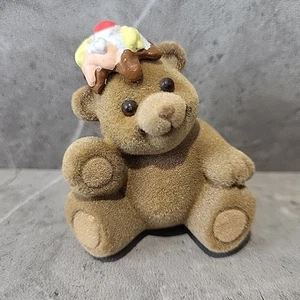 VINTAGE flocked Bear Figurine Too Sweet To Bear Icecream On Top Of Head VGUC - Picture 1 of 8