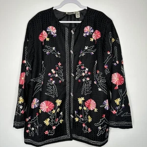 Maggie Barnes Jacket Womens Size 3X Black Floral Embroidered Art to Wear Cotton - Picture 1 of 8