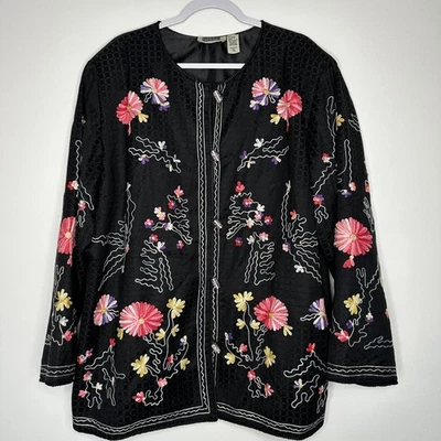 Chaqueta Maggie Barnes Mujer Talla 3X Negra Floral Bordada Arte para Usar Algodón Foto 1 de 4