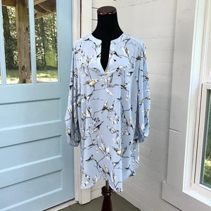 Tahari Woman Plus 1X Bird Print Tunic Top Roll Tab Sleeve V Neck Shirt Blouse - Picture 1 of 14