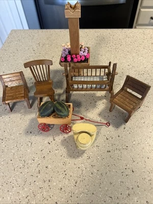 Vintage Wooden Dollhouse Lot 7pc Garden Nursery Cart Cradle 1:12 - Image 1 of 4