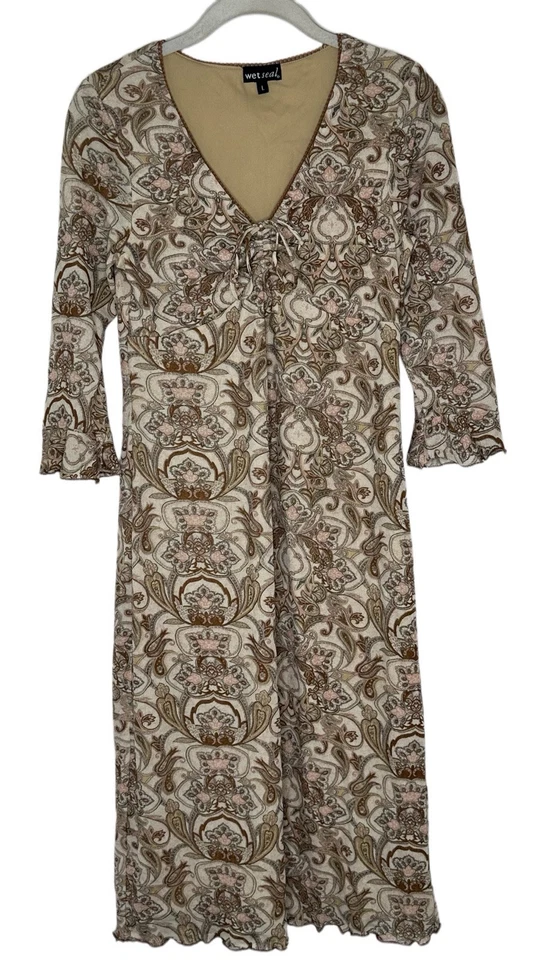 Винтажный 90-х влажная печать коричневый пейсли фея флаттер рукав коттеджкор платье Sz L - Изображение 1 из 4