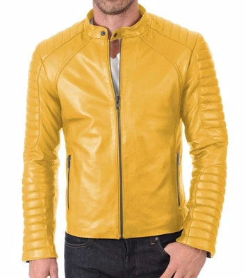 Men's Yellow Genuine Lambskin Leather Biker Jacket Classic Cafe Racer Moto Coat - Image 1 of 4