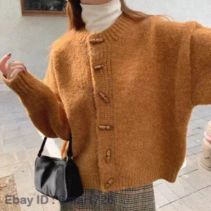 Women Casual Horn Button Knit Cardigan Loose Sweater Jacket Round Neck Top Warm - Picture 1 of 30