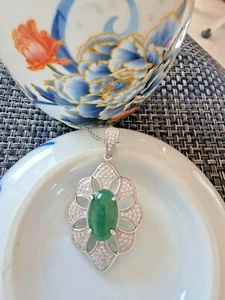 Genuine Water Green 3.75ct Jadeite Jade (Type A) 925 Silver Pendant With Chain - Picture 1 of 11