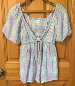 Isabel Maternity XS Blue Pink Plaid Tie V-neck Romantic Short Sleeve Blouse Top - Picture 1 of 8