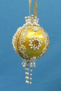 Vintage Ornate Gold Satin & White Pearl Push Pin Christmas Ornament - Picture 1 of 3