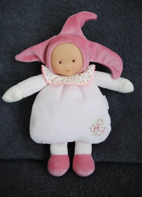 🍀Peluche Doudou Poupée Lutin COROLLE Rose Col Coeur Bras Rayé Hochet Grelot - Photo 1/2