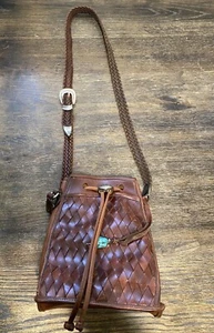 BRIGHTON BRAZILIAN BREE WOVEN Western Leather Purse Bucket Bag Drawstring Brown - Picture 1 of 23
