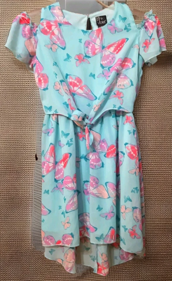 Girls Pink Violet Butterfly Print Dress Size XL(14/16) - Image 1 of 1