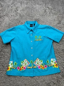 Erika Top Women Small Petite Turquoise Floral Embroidered Hawaiian Button Up - Picture 1 of 8