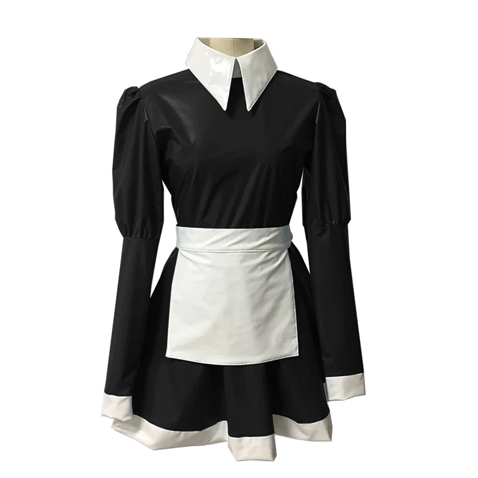 Vestido de mucama francés cuello alto uniformes de criada línea A de fiesta Sissy imitación PVC  Foto 1 de 4