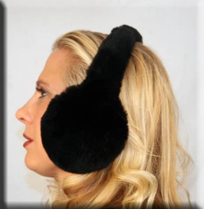 New Black Rex Rabbit Fur Ear Muffs - Picture 1 of 3