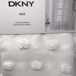 DKNY Snowball Pom Pom Espirit White Sheer 2Panel Rod Pocket Window Curtain 50x84 - Picture 1 of 9