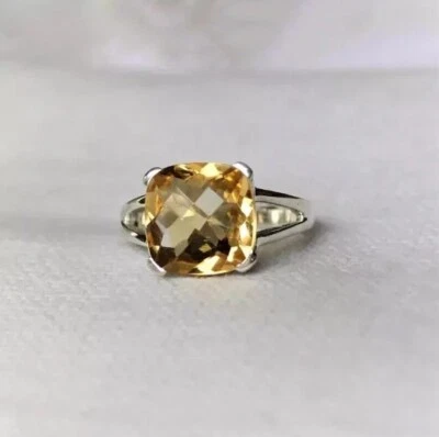 CZ Cushion Citrine Double Band Ring, Solitaire Gemstone Ring,925 Sterling Silver - Image 1 of 3