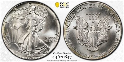 1987 American Silver Eagle Error Minor Struck Thru OBV - PCGS MS68 - Image 1 of 4