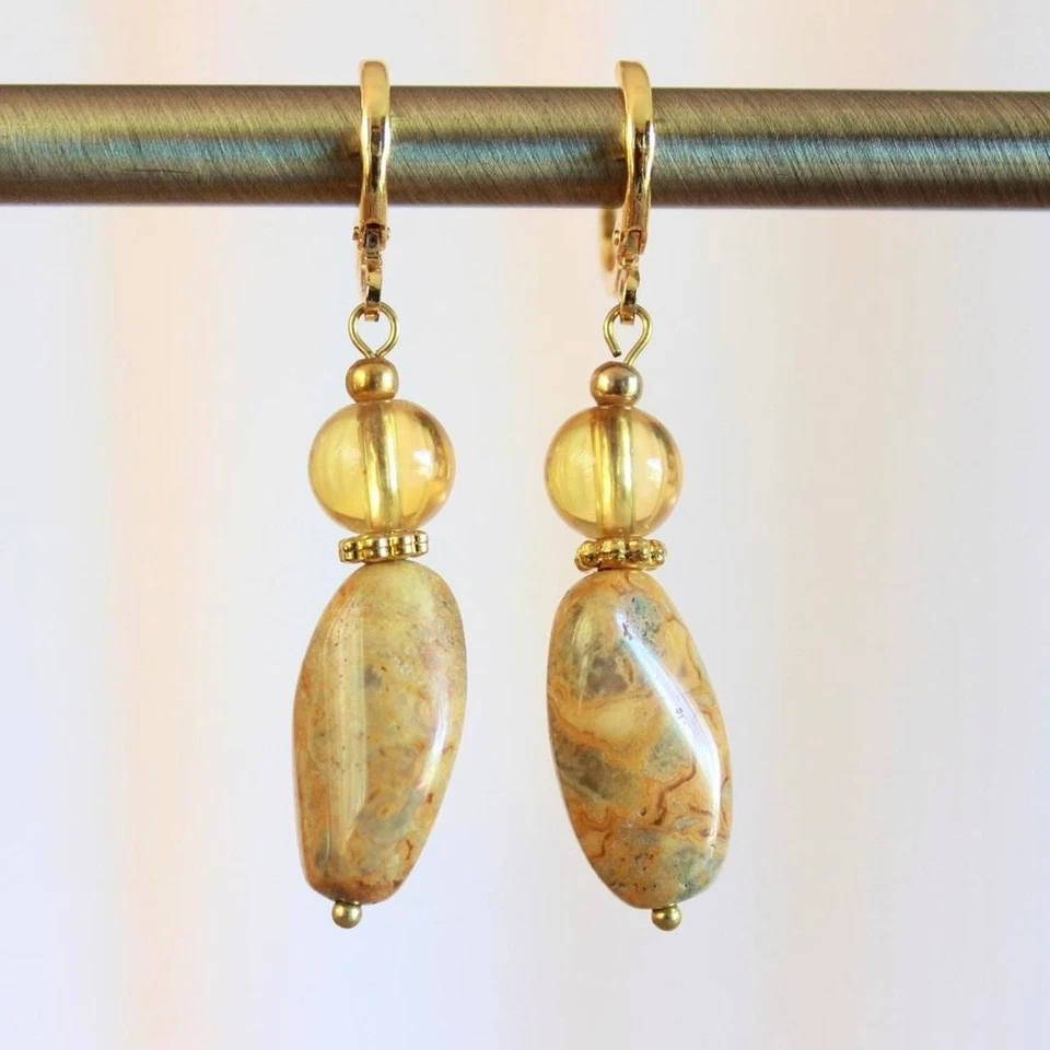 Pendientes colgantes hechos a mano de jaspe y vidrio amarillo con cuentas con palanca Desierto Boho Foto 1 de 3