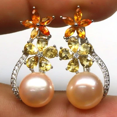 925 Sterling Silver 10 mm. Pink Pearl, Citrine, Fire Opal & Zircon Earrings - Image 1 of 4