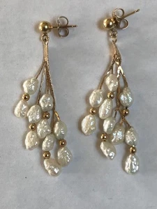 14k  Gold Freshwater Pearl Earrings w/ Gold Beads - Picture 1 of 2