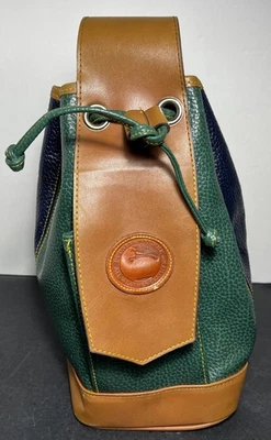 Vintage Dooney & Bourke Drawstring Backpack 1 Strap Green & Blue Stripes 12x12" - Image 1 of 4