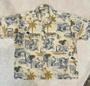 Camicia hawaiana vintage Pierre Cardin taglia XL blu e marrone palme tropicali - Foto 1 di 9