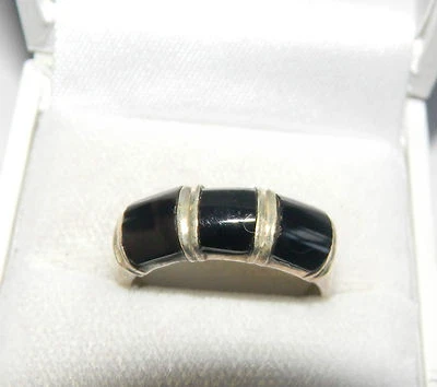 Darling Britannico Vintage Nero Onice Inlaind Argento Sterling Fedina - Immagine 1 di 4